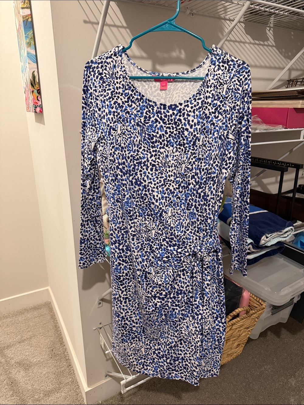 Lilly Pulitzer Blue and White Leopard-Print Long Sleeve Dress